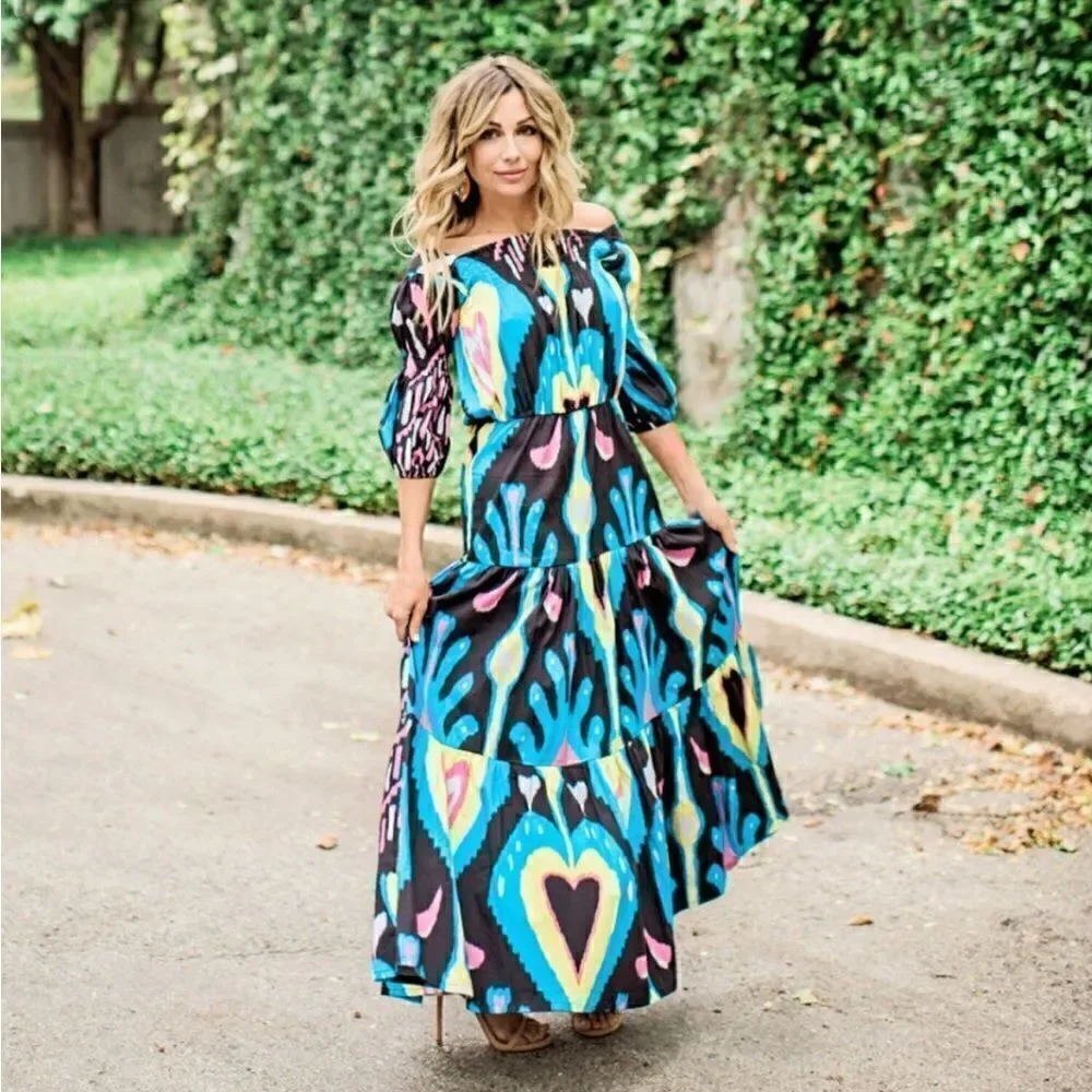 Sheridan French Women’s Size Medium Isabel Maxi Dress Black Blue Heart Ikat NWOT - Picture 3 of 14